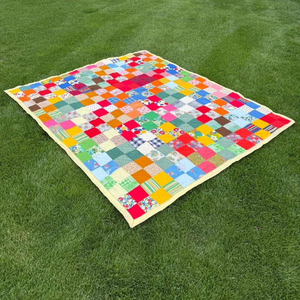 A+ Vintage Handmade Patchwork Quilt Multi Color Scrap Block Cottagecore 89x75
